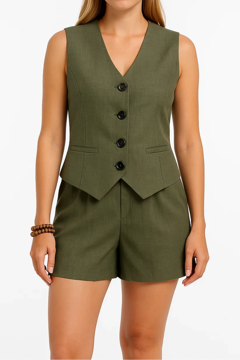 Woman wearing a green vest and shorts set on a white background