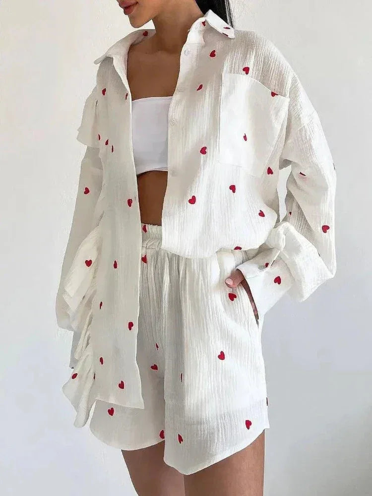 Women's Ruffled Sleeve Co-ord Set - Button-Down Blouse & High-Waisted Shorts