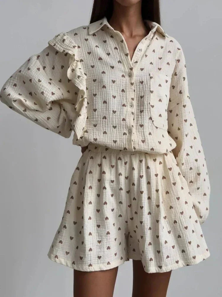 Women's Ruffled Sleeve Co-ord Set - Button-Down Blouse & High-Waisted Shorts