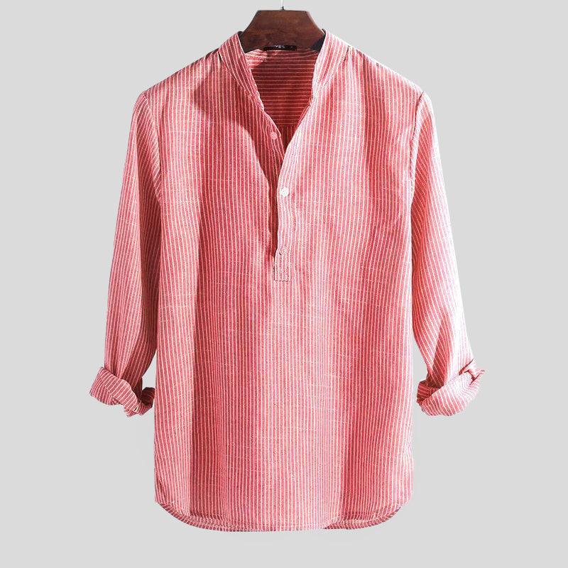 Men's Long Sleeve Henley Shirt Cotton Linen Blend Striped