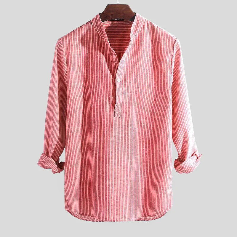 Men’s Long Sleeve Henley Shirt Cotton Linen Blend Striped