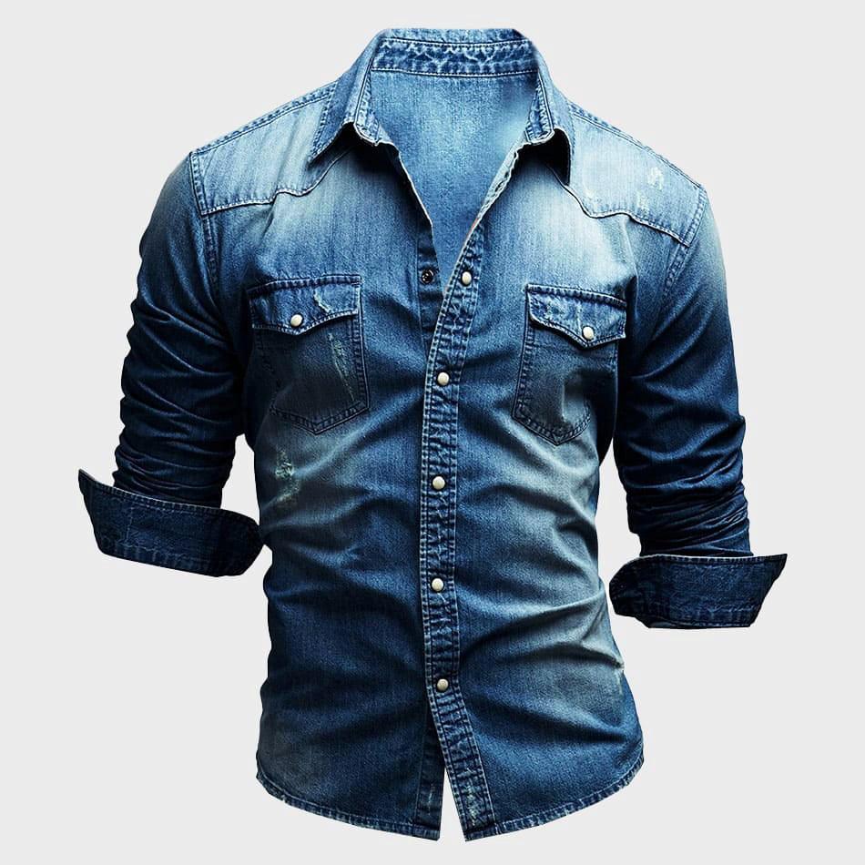 Men's Denim Shirt Long Sleeve Button Closure