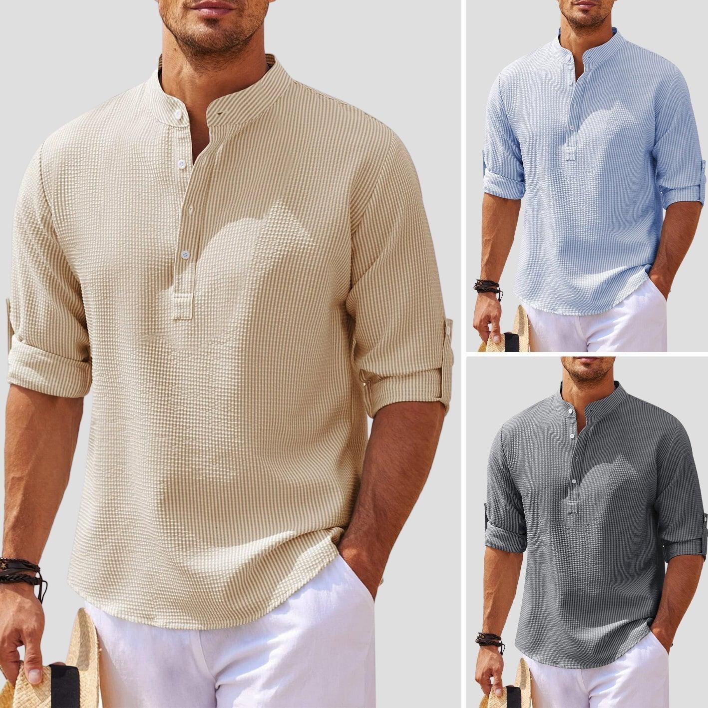 Men’s Long Sleeve Henley Shirt Mandarin Collar Relaxed Fit