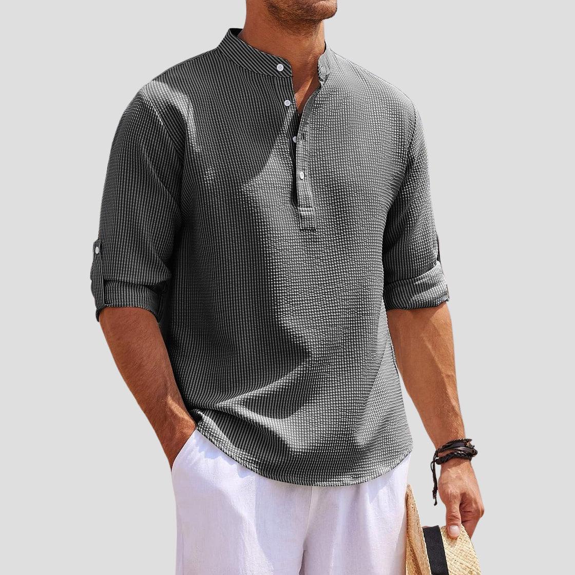Men’s Long Sleeve Henley Shirt Mandarin Collar Relaxed Fit