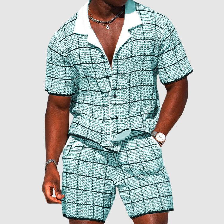 Men's Casual Checkered Short-Sleeve Shirt and Shorts Set