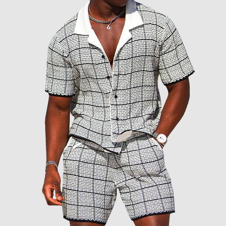Men's Casual Checkered Short-Sleeve Shirt and Shorts Set