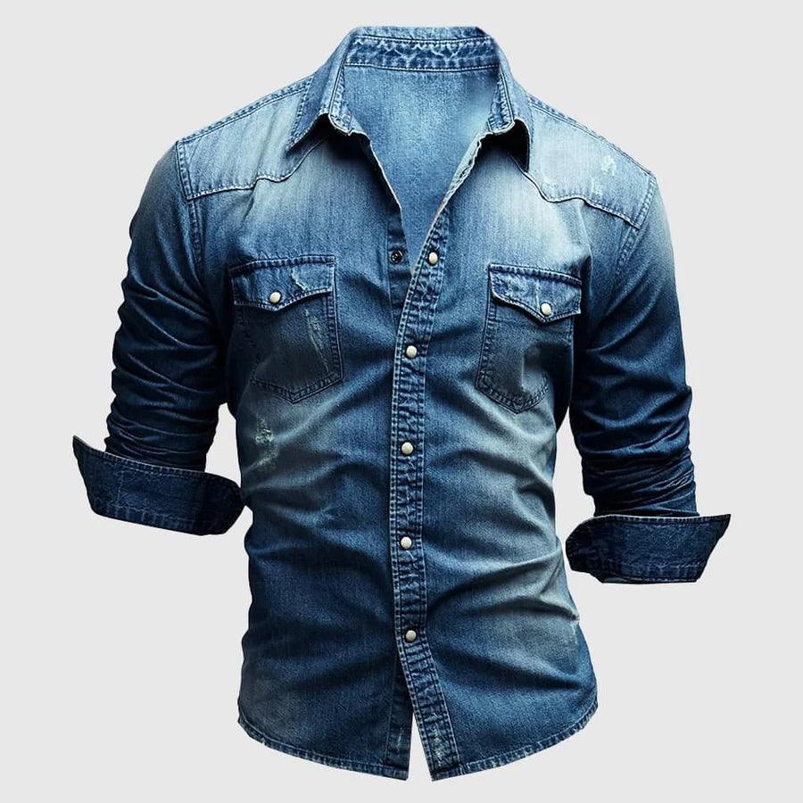 Men’s Slim Fit Denim Shirt Long Sleeve Button-Up Western Style