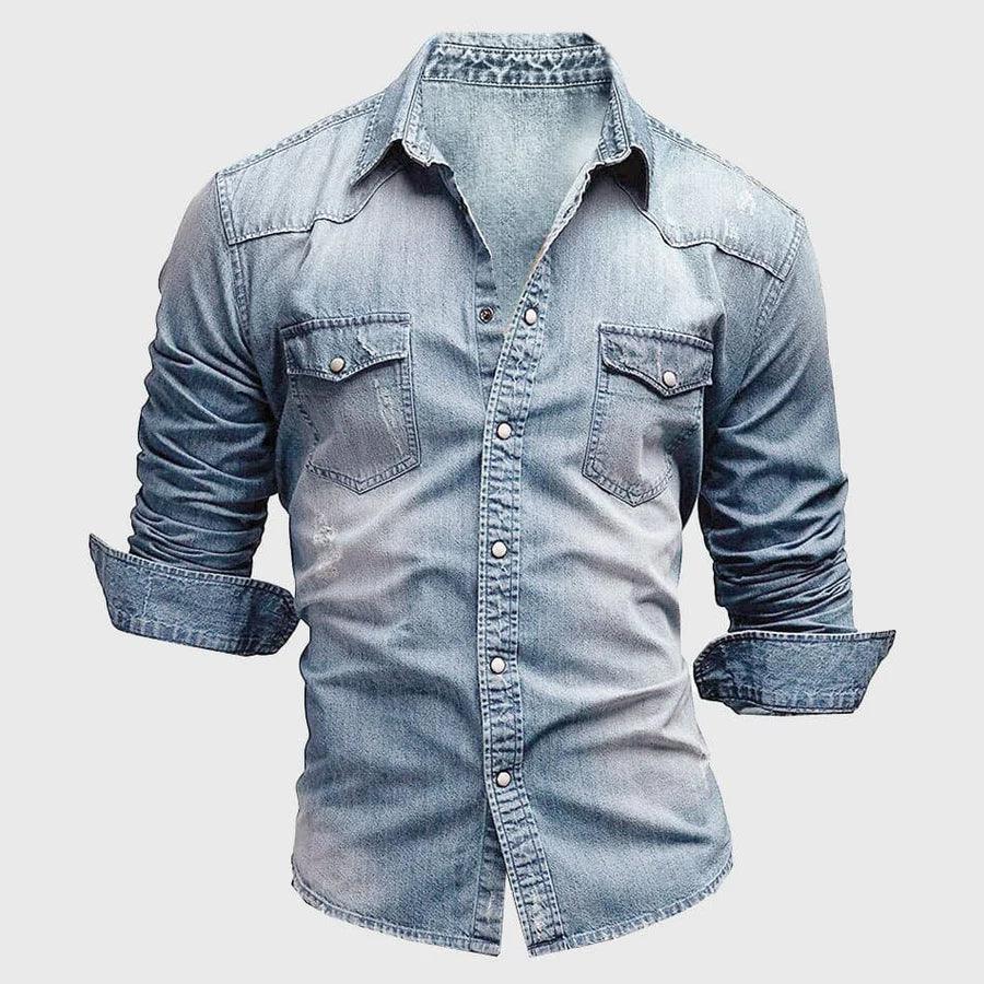 Men’s Slim Fit Denim Shirt Long Sleeve Button-Up Western Style