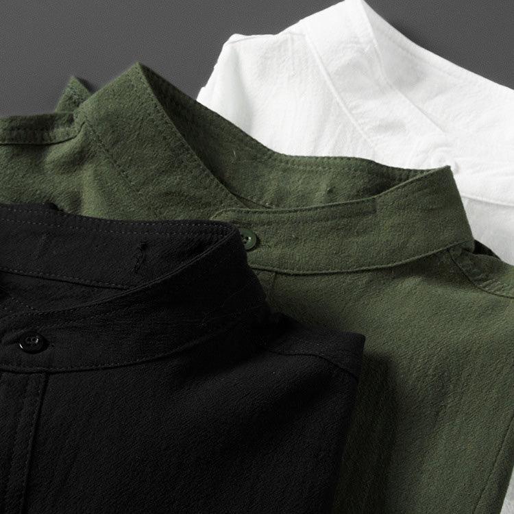 Men’s Long Sleeve Button-Up Shirt - Breathable Textured Fabric - Band Collar