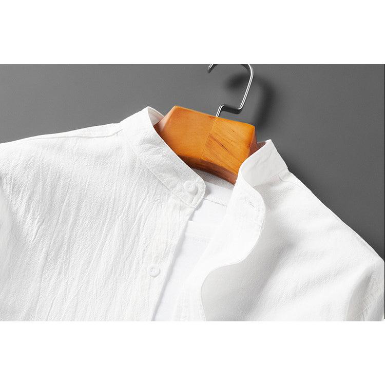 Men’s Long Sleeve Button-Up Shirt - Breathable Textured Fabric - Band Collar