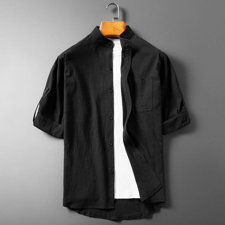 Men’s Long Sleeve Button-Up Shirt - Breathable Textured Fabric - Band Collar