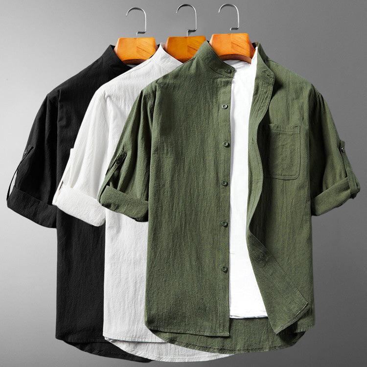 Men’s Long Sleeve Button-Up Shirt - Breathable Textured Fabric - Band Collar