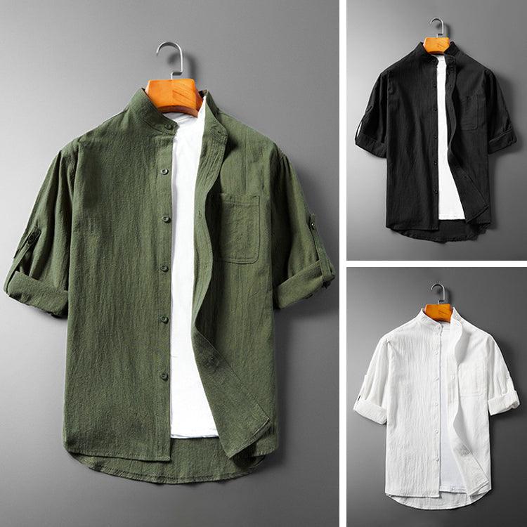 Men’s Long Sleeve Button-Up Shirt - Breathable Textured Fabric - Band Collar