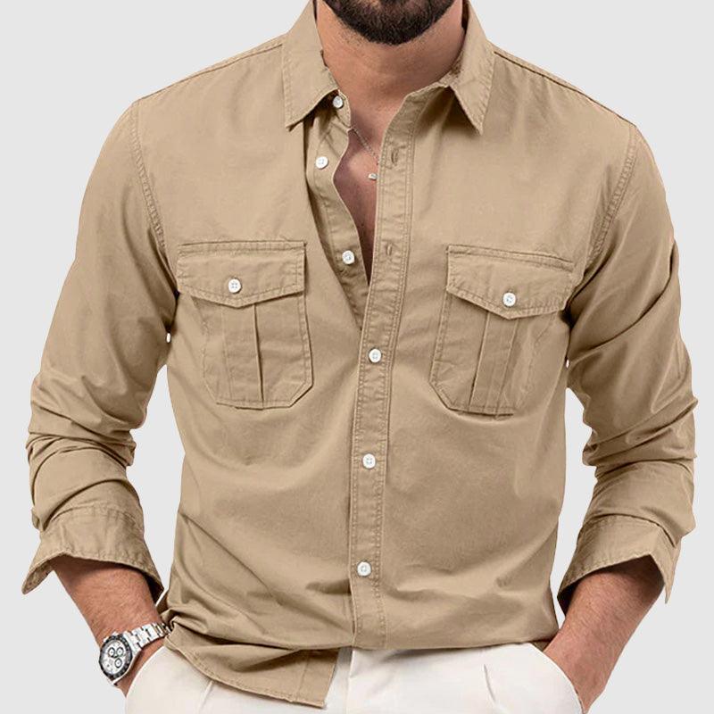 Men’s Long Sleeve Button-Down Shirt Relaxed Fit with Dual Chest Pockets