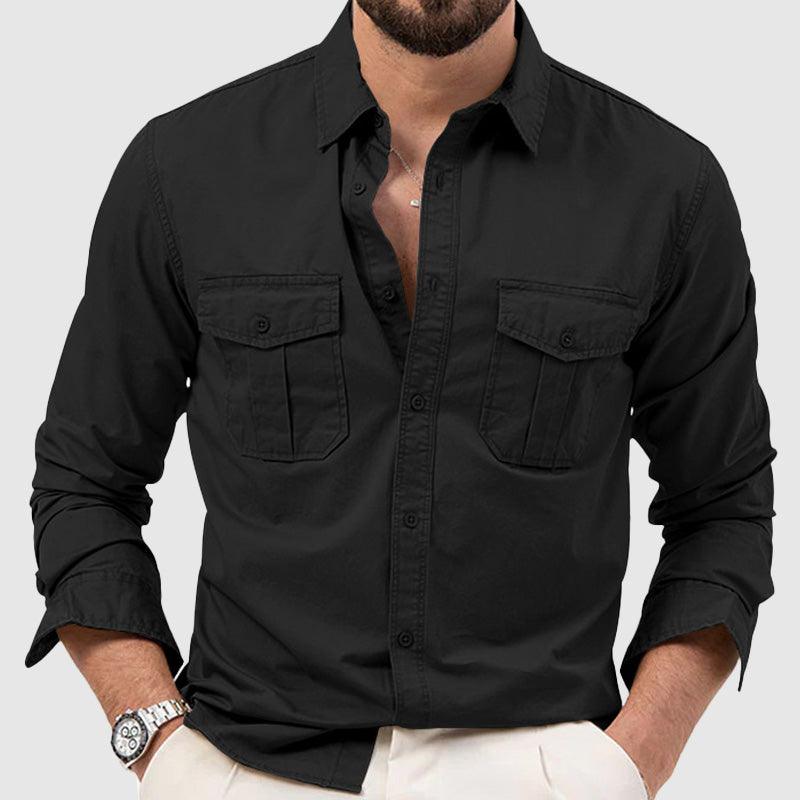 Men’s Long Sleeve Button-Down Shirt Relaxed Fit with Dual Chest Pockets