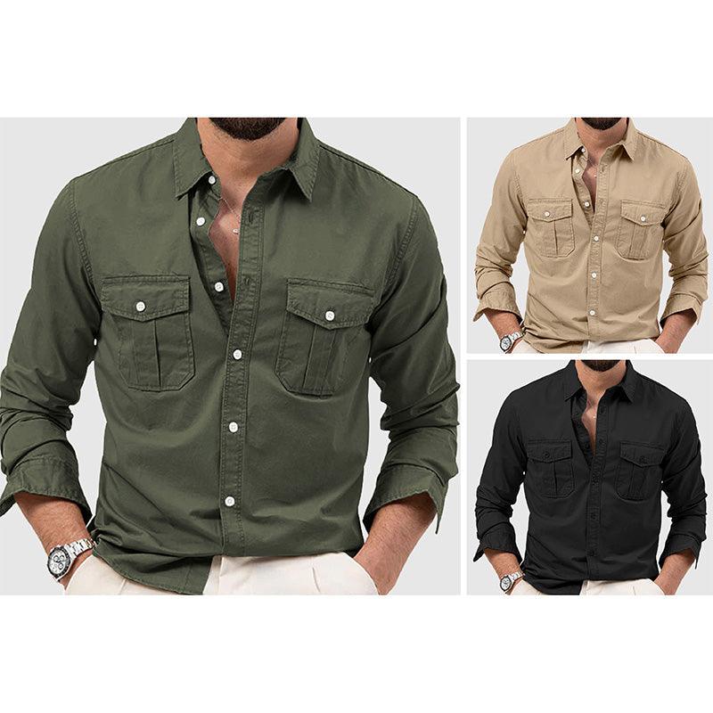 Men’s Long Sleeve Button-Down Shirt Relaxed Fit with Dual Chest Pockets