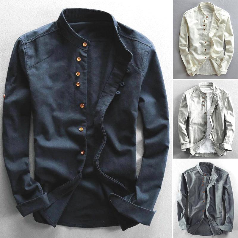 Men’s Slim Fit Button-Up Shirt Mandarin Collar Long Sleeve