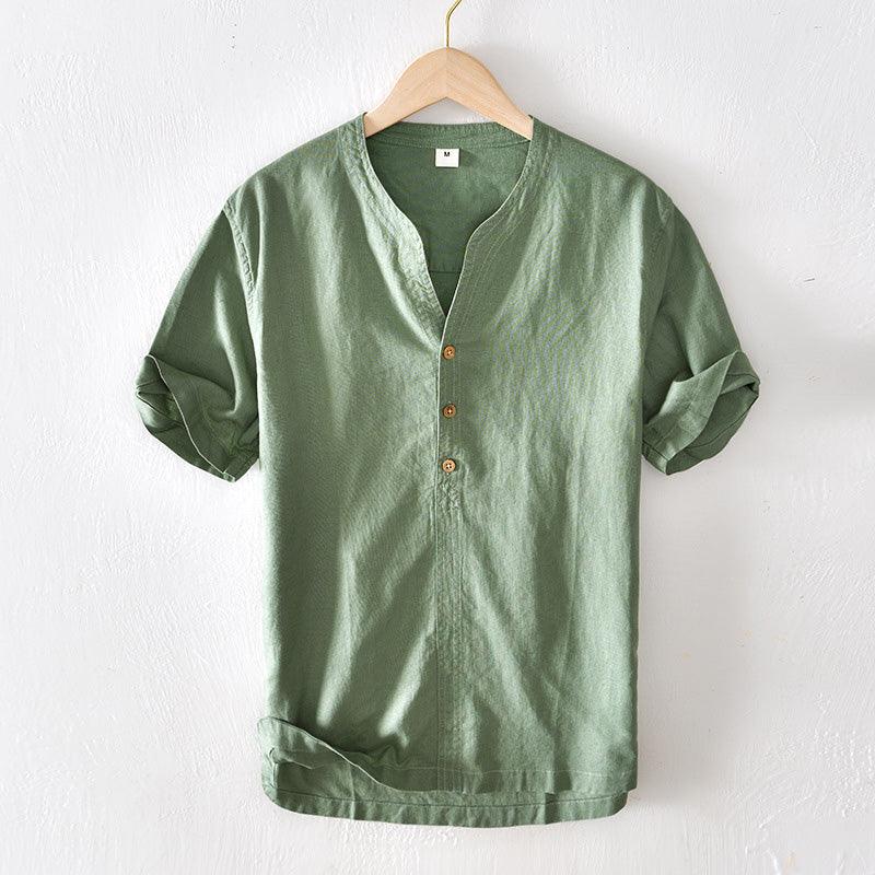Men’s Short Sleeve Linen Shirt - Lightweight Relaxed Fit V-Neck