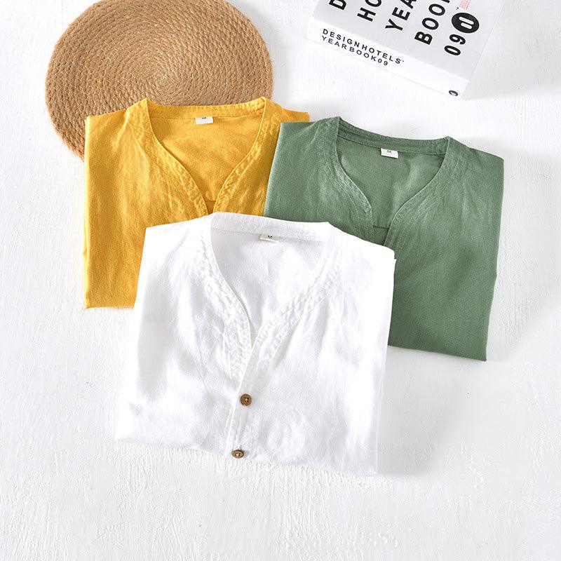 Men’s Short Sleeve Linen Shirt - Lightweight Relaxed Fit V-Neck