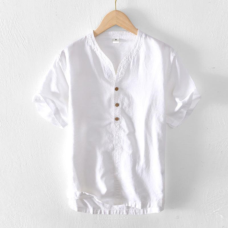 Men’s Short Sleeve Linen Shirt - Lightweight Relaxed Fit V-Neck