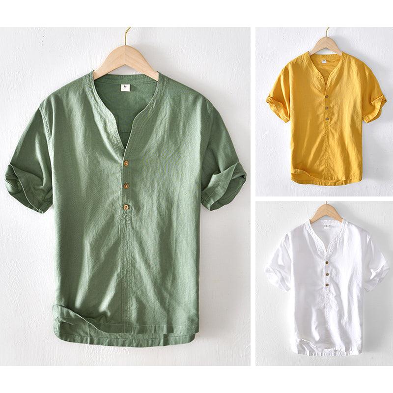 Men’s Short Sleeve Linen Shirt - Lightweight Relaxed Fit V-Neck
