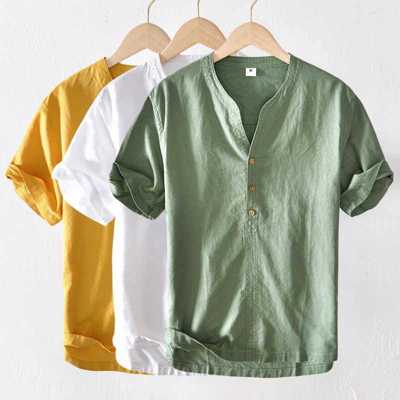 Men’s Short Sleeve Linen Shirt - Lightweight Relaxed Fit V-Neck