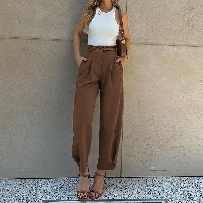 Women's High-Waisted Pleated Trousers Wide Leg Cropped