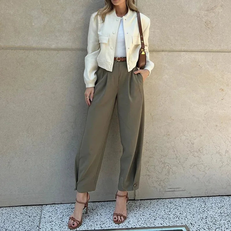 Women's High-Waisted Pleated Trousers Wide Leg Cropped