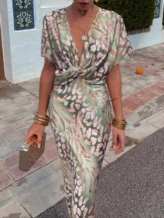 Women's Midi Dress Satin Floral V-Neck Short Sleeve Pleated
