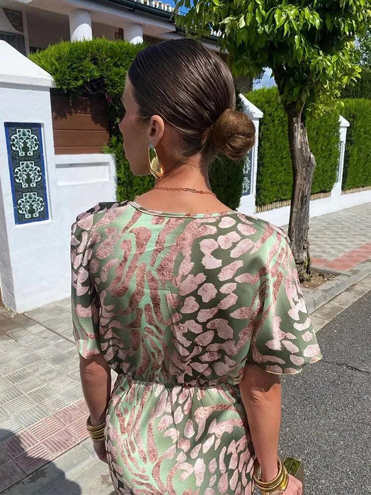 Women's Midi Dress Satin Floral V-Neck Short Sleeve Pleated