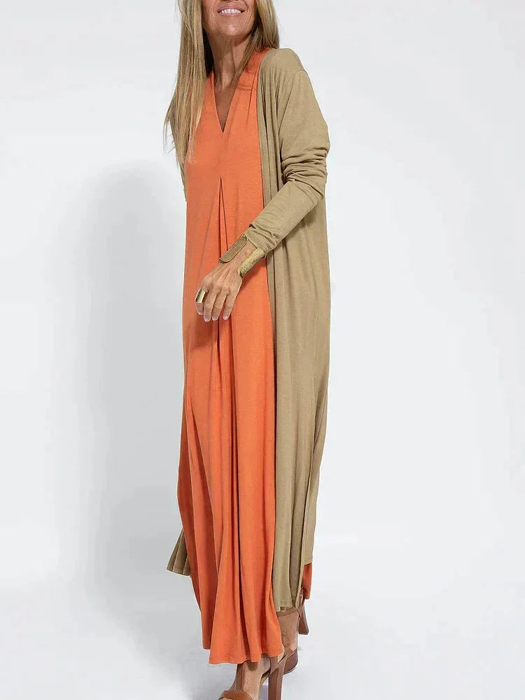 Women’s Long Dress - V-Neck - Relaxed Fit - Long Sleeve - Layered Look - Elegant Style