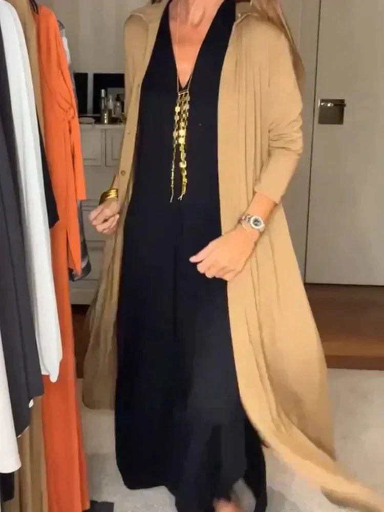 Women’s Long Dress - V-Neck - Relaxed Fit - Long Sleeve - Layered Look - Elegant Style