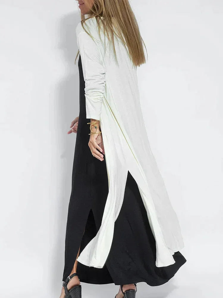 Women’s Long Dress - V-Neck - Relaxed Fit - Long Sleeve - Layered Look - Elegant Style
