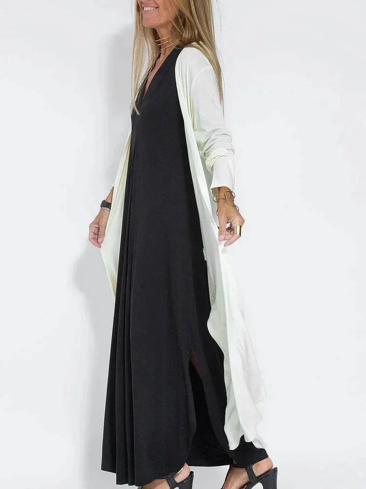 Women’s Long Dress - V-Neck - Relaxed Fit - Long Sleeve - Layered Look - Elegant Style