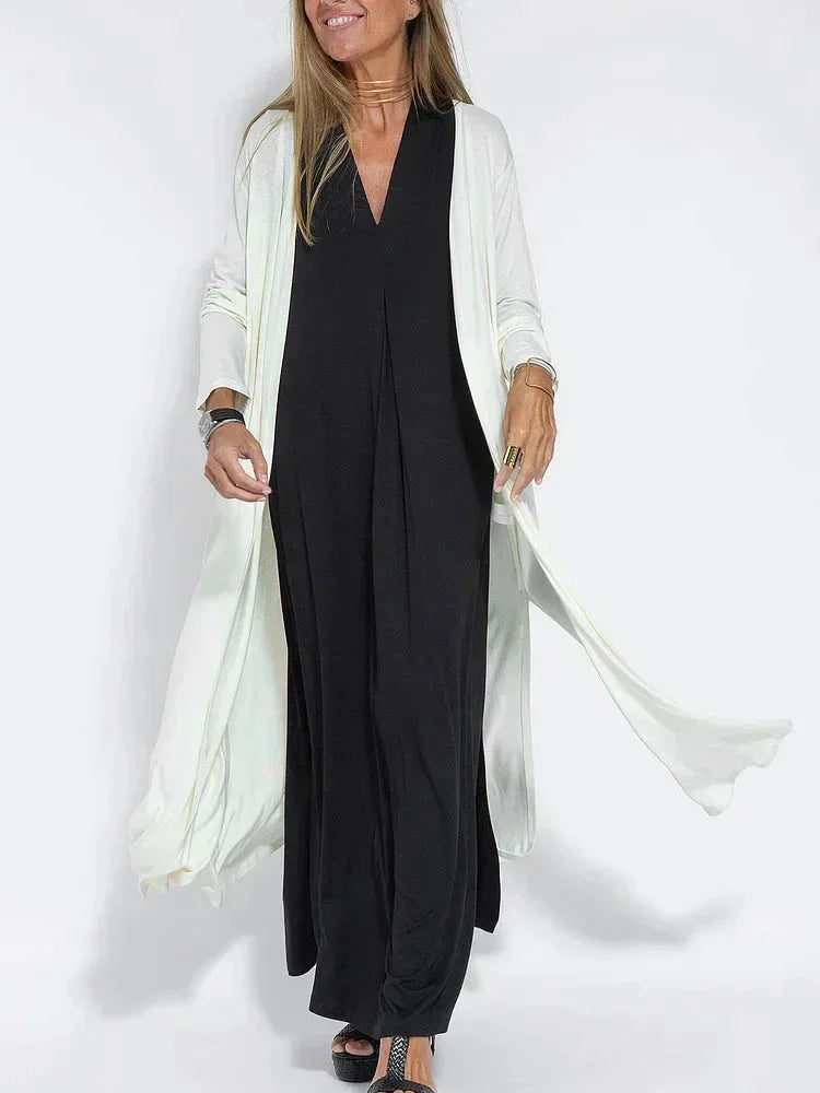 Women’s Long Dress - V-Neck - Relaxed Fit - Long Sleeve - Layered Look - Elegant Style