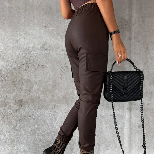 Women's Tapered Leg Faux Leather Trousers with High Waist and Zippered Ankle Detail