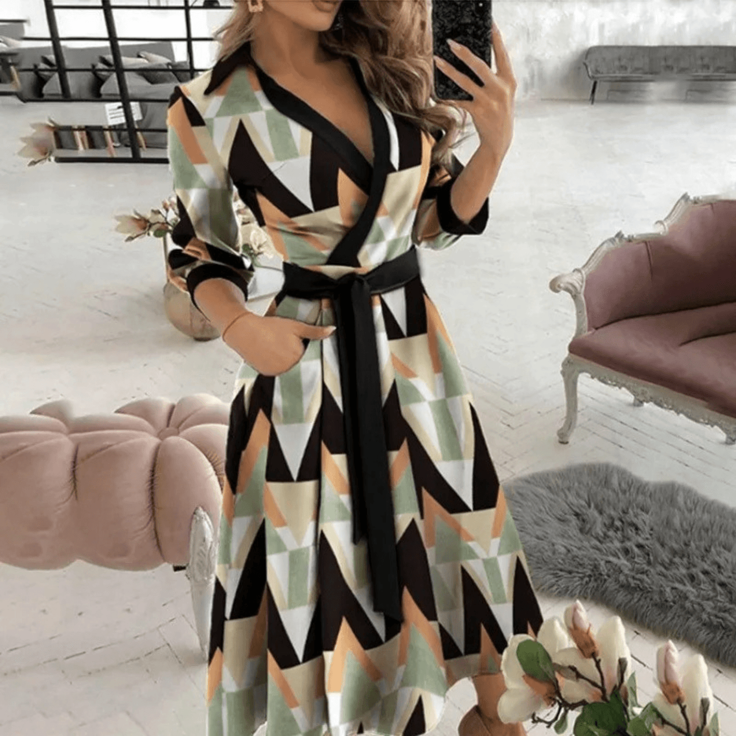 Women's Midi Dress Wrap Style with Belted Detail