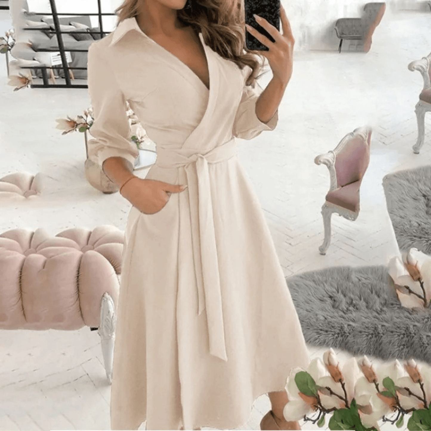 Women's Midi Dress Wrap Style with Belted Detail