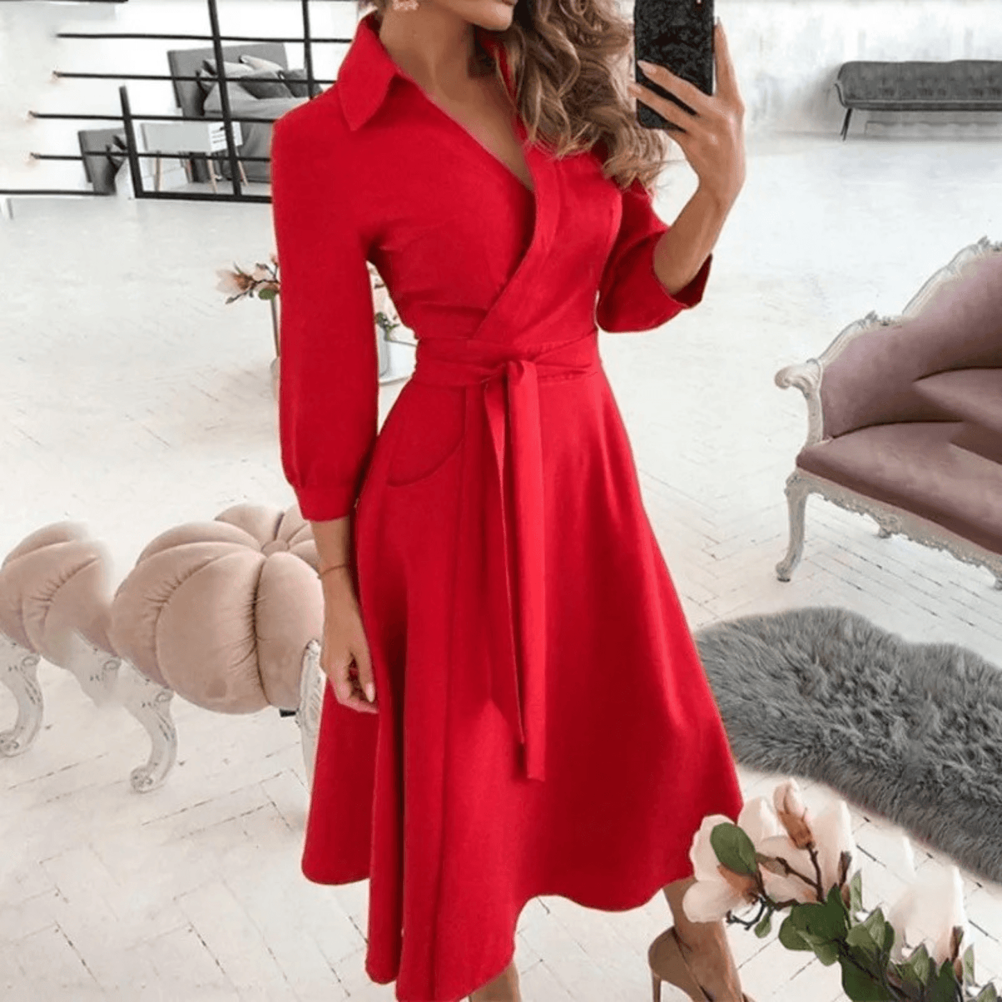Women's Midi Dress Wrap Style with Belted Detail