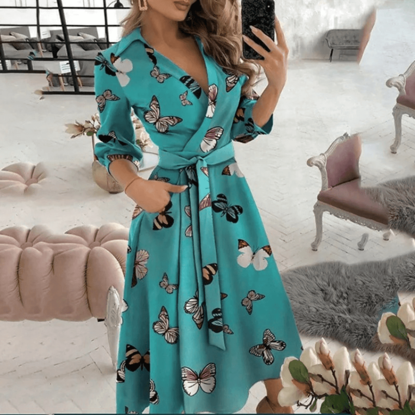 Women's Midi Dress Wrap Style with Belted Detail