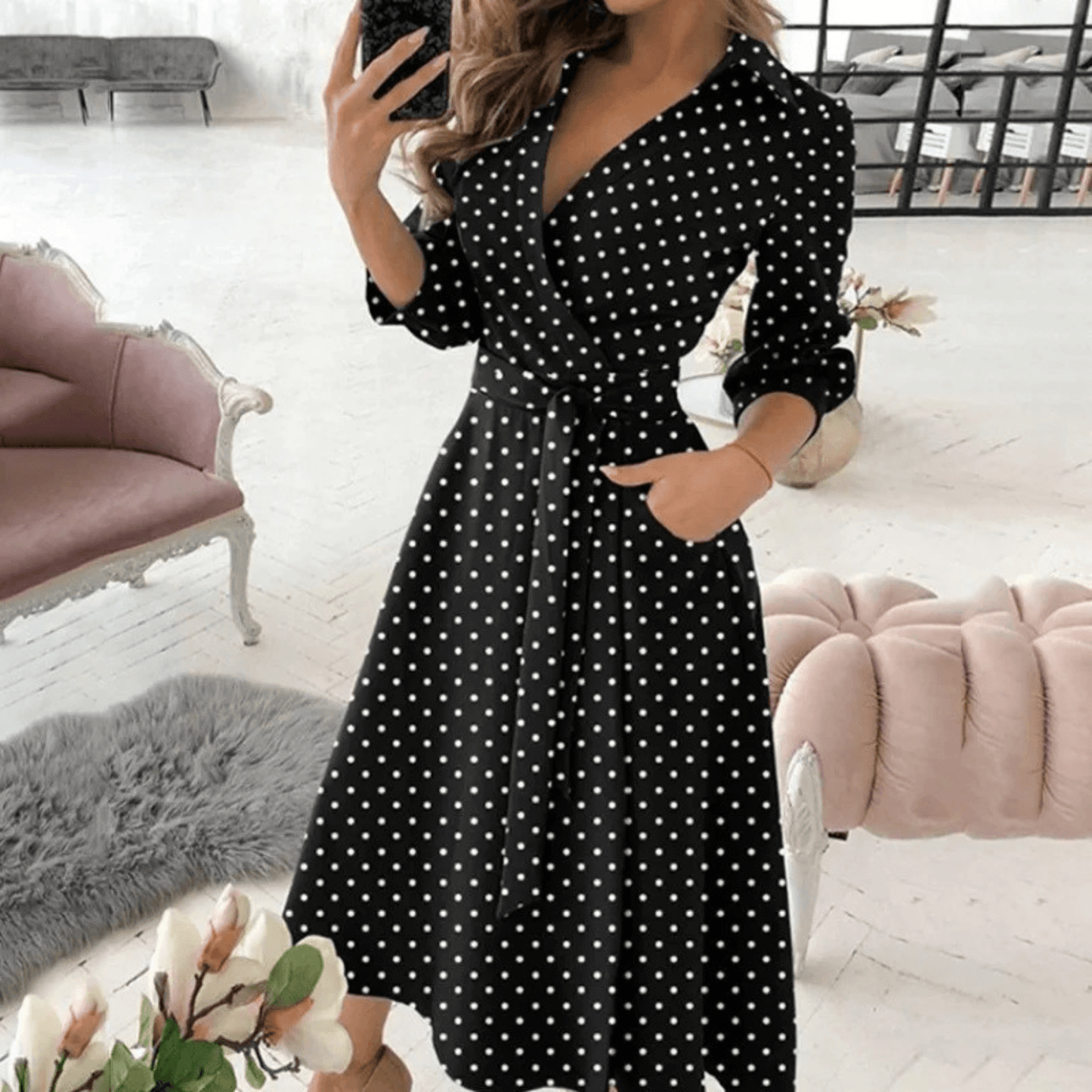 Women's Midi Dress Wrap Style with Belted Detail