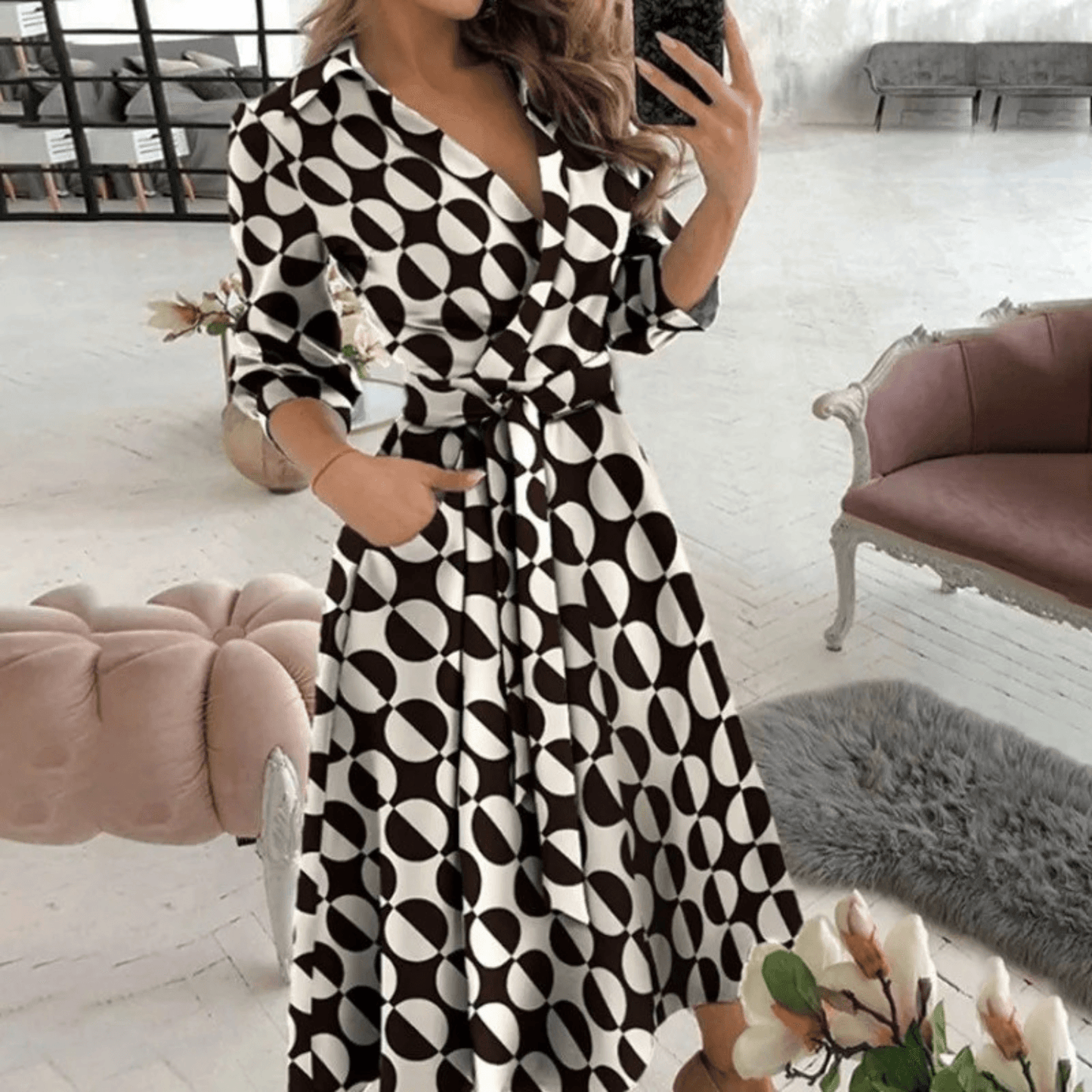 Women's Midi Dress Wrap Style with Belted Detail