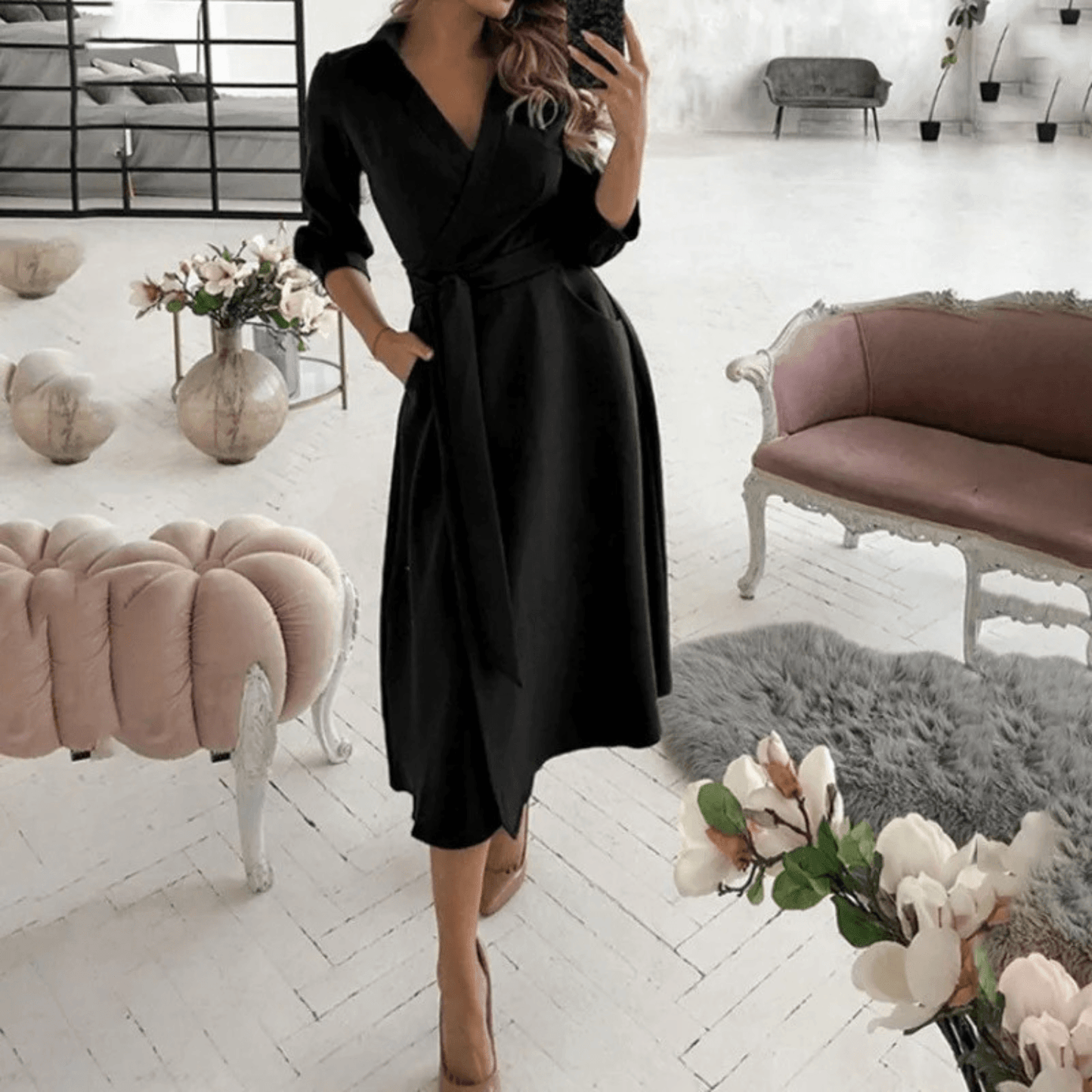 Women's Midi Dress Wrap Style with Belted Detail