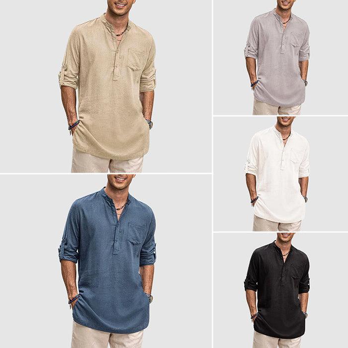 Men’s Long Sleeve Henley Shirt with Roll-Up Sleeves and Chest Pocket