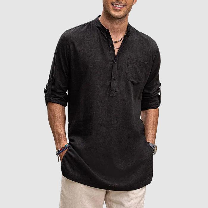 Men’s Long Sleeve Henley Shirt with Roll-Up Sleeves and Chest Pocket