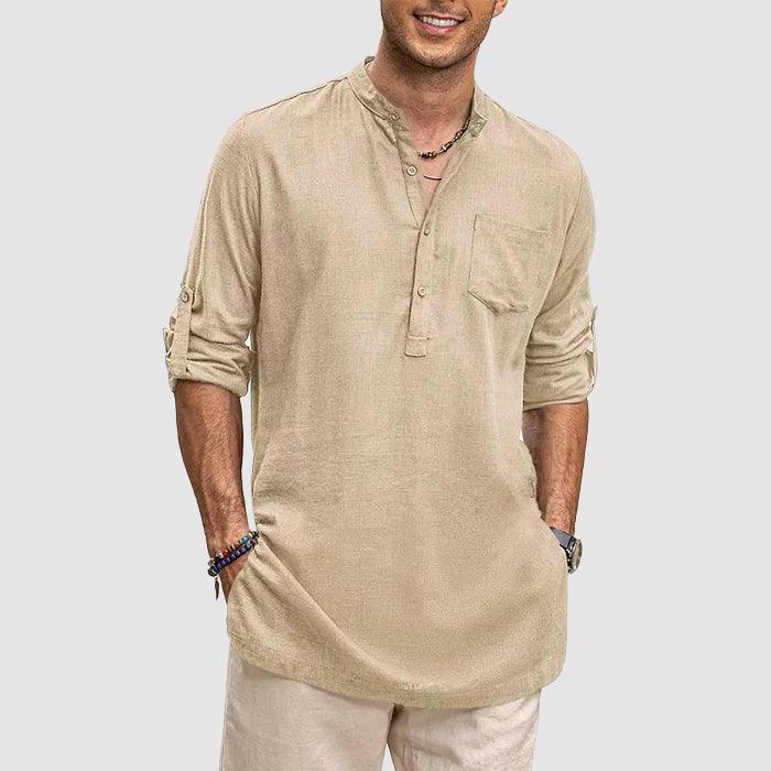 Men’s Long Sleeve Henley Shirt with Roll-Up Sleeves and Chest Pocket