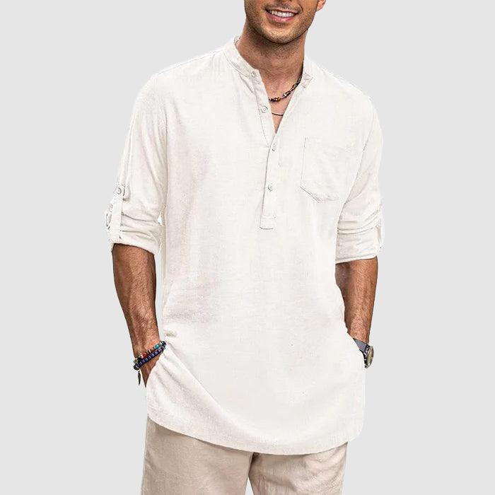 Men’s Long Sleeve Henley Shirt with Roll-Up Sleeves and Chest Pocket