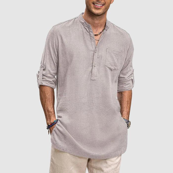 Men’s Long Sleeve Henley Shirt with Roll-Up Sleeves and Chest Pocket