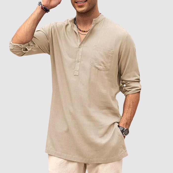 Men’s Long Sleeve Henley Shirt with Roll-Up Sleeves and Chest Pocket