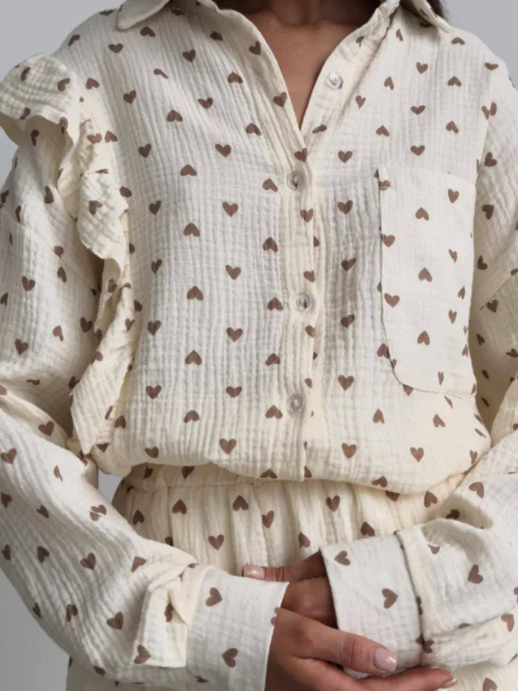 Women's Ruffled Sleeve Co-ord Set - Button-Down Blouse & High-Waisted Shorts